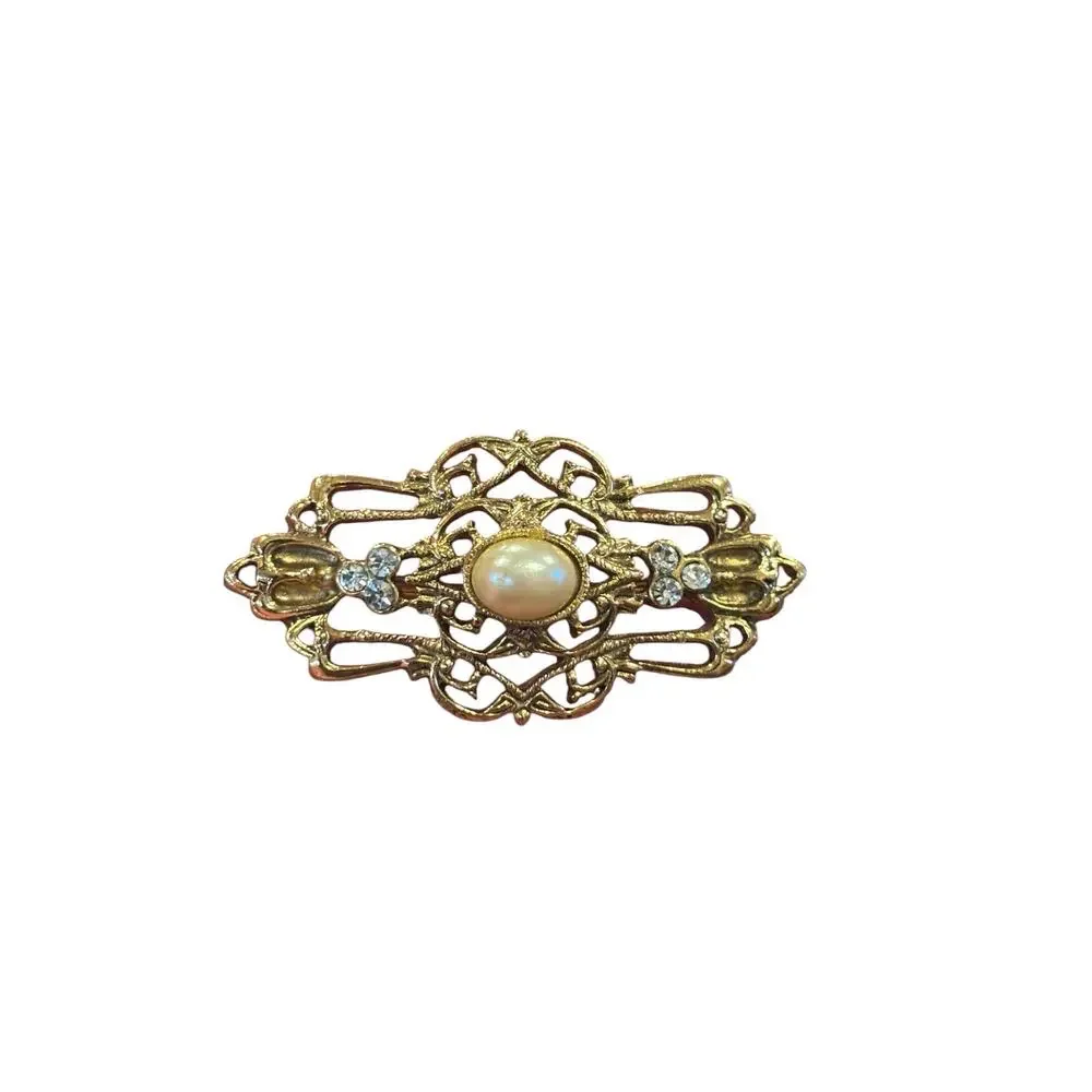 Vintage Pearl Rhinestone Filigree Brooch Gilded Romantic Edwardian Revival